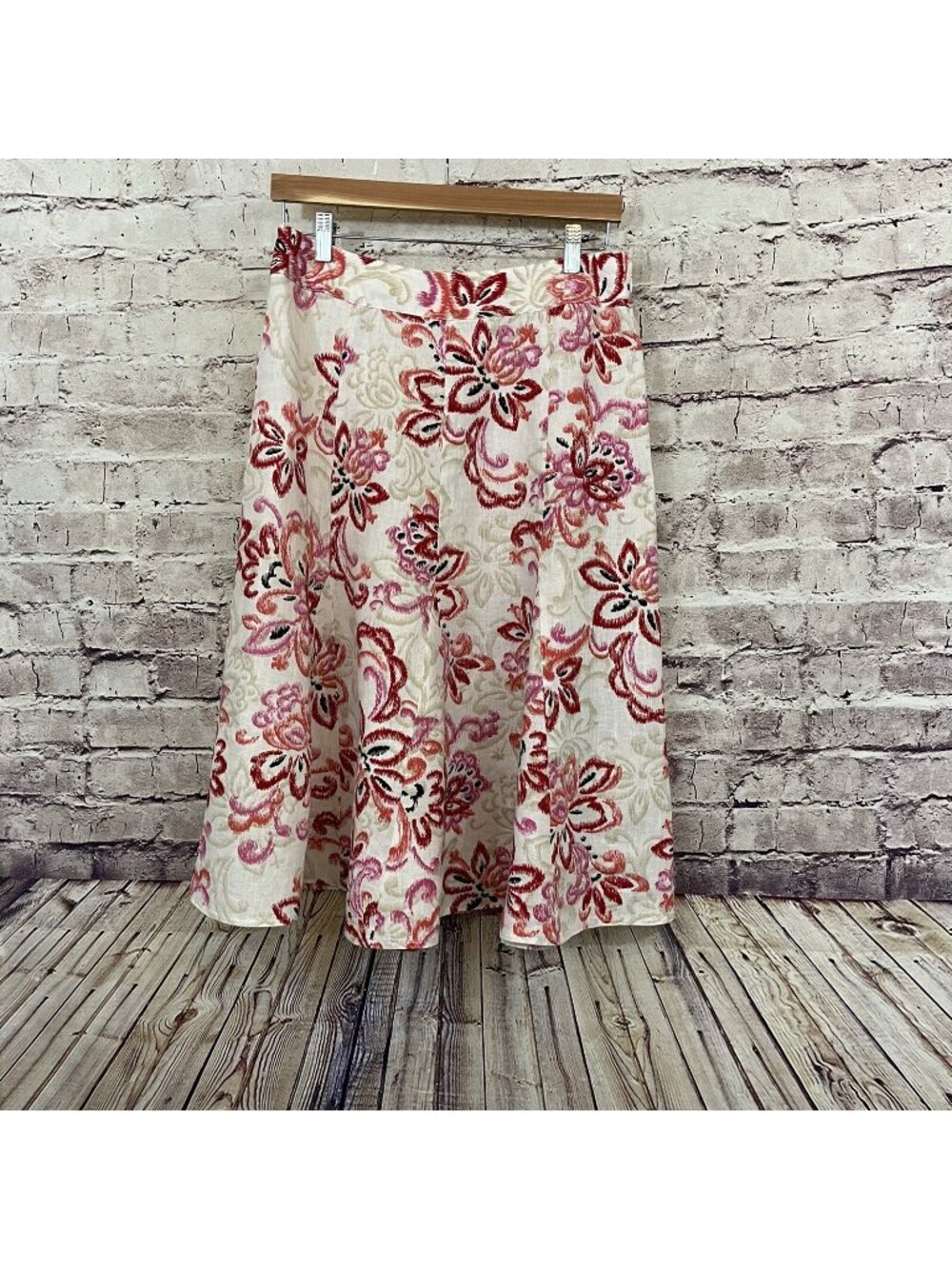 JM Collection Beige Red Floral Print 100% Linen A Line Skirt